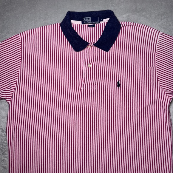Polo Ralph Lauren Other - Vintage Polo Ralph Lauren Pink White Striped Navy & Pink Trim Polo‎ Shirt Medium